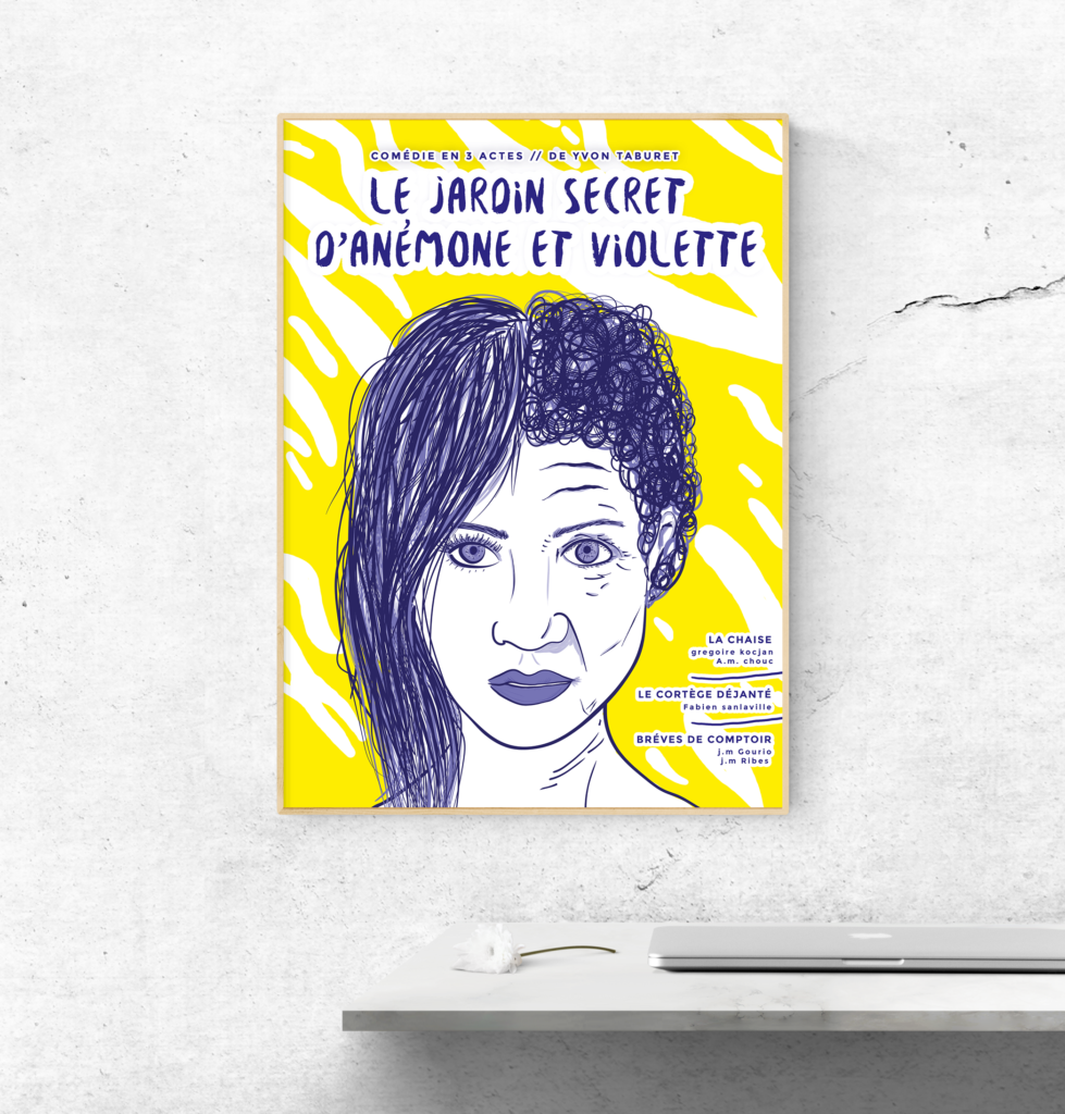 affiche théâtre jaune avec une illustration d'une jeune fille qui devient vieille